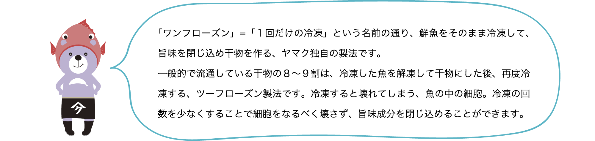 「ワンフローズン」=「1回だけの冷凍」という名前の通り、鮮魚をそのまま冷凍して、旨味を閉じ込め干物を作る、ヤマク独自の製法です。一般的で流通している干物の8〜9割は、冷凍した魚を解凍して干物にした後、再度冷凍する、ツーフローズン製法です。冷凍すると壊れてしまう、魚の中の細胞。冷凍の回数を少なくすることで細胞をなるべく壊さず、旨味成分を閉じ込めることができます。